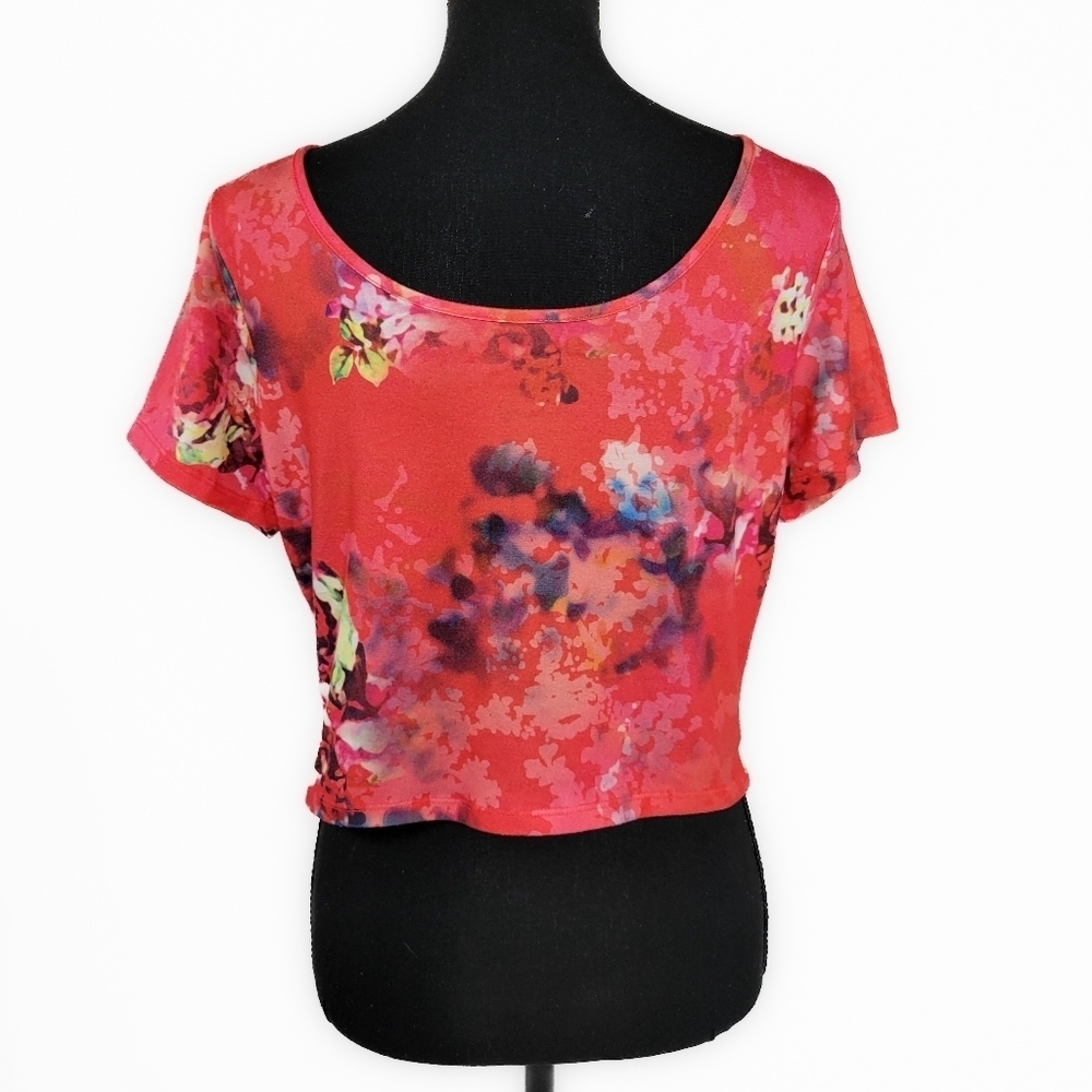 🔥 (5for$35) DECREE Short Sleeve Fuchsia Floral Crop Top Size XL